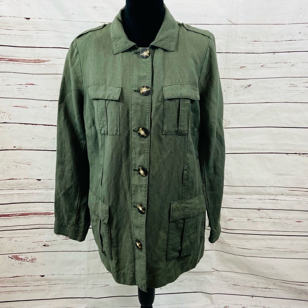 J. Jill Jacket Women’s Medium Green Utility Safari Minimalist Linen.